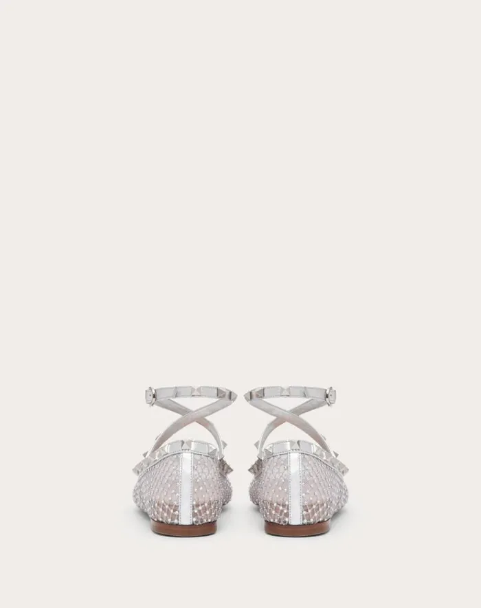 Valentino Ballerinas Woman Rockstud Mesh Ballerina With Crystals For Woman In Silver Silver Valentino Ballerinas Woman Rockstud Mesh Ballerina With Crystals For Woman In Silver Silver