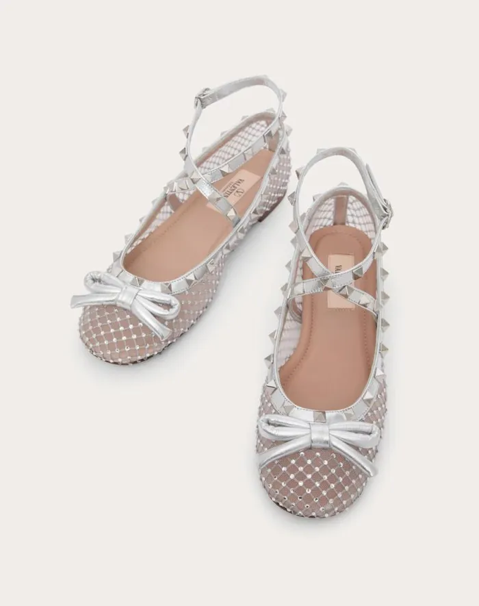 Valentino Ballerinas Woman Rockstud Mesh Ballerina With Crystals For Woman In Silver Silver Valentino Ballerinas Woman Rockstud Mesh Ballerina With Crystals For Woman In Silver Silver