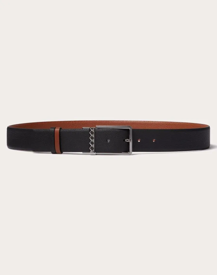 Valentino Belts Man Rockstud Reversible Belt In Grainy Calfskin 35 Mm For Man In Blacksaddle Brown Blacksaddle Brown Valentino Belts Man Rockstud Reversible Belt In Grainy Calfskin 35 Mm For Man In Blacksaddle Brown Blacksaddle Brown