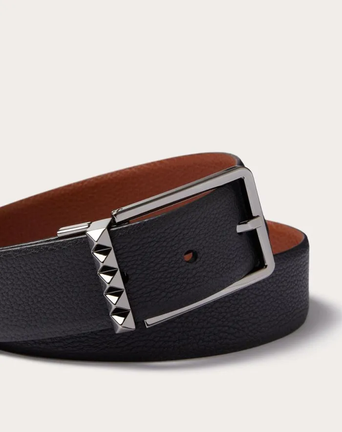 Valentino Belts Man Rockstud Reversible Belt In Grainy Calfskin 35 Mm For Man In Blacksaddle Brown Blacksaddle Brown Valentino Belts Man Rockstud Reversible Belt In Grainy Calfskin 35 Mm For Man In Blacksaddle Brown Blacksaddle Brown
