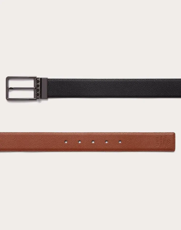 Valentino Belts Man Rockstud Reversible Belt In Grainy Calfskin 35 Mm For Man In Blacksaddle Brown Blacksaddle Brown Valentino Belts Man Rockstud Reversible Belt In Grainy Calfskin 35 Mm For Man In Blacksaddle Brown Blacksaddle Brown