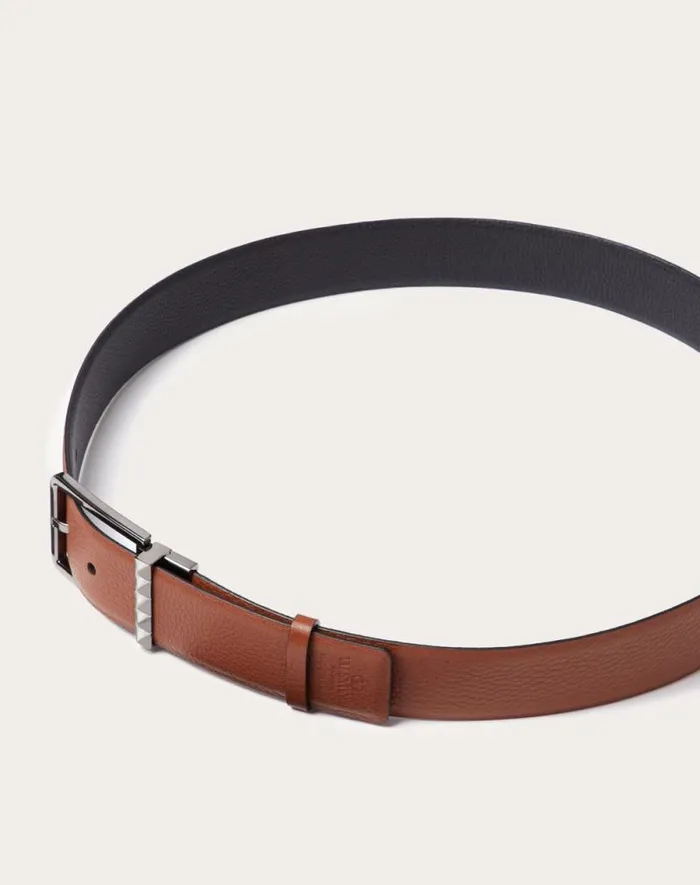 Valentino Belts Man Rockstud Reversible Belt In Grainy Calfskin 35 Mm For Man In Blacksaddle Brown Blacksaddle Brown Valentino Belts Man Rockstud Reversible Belt In Grainy Calfskin 35 Mm For Man In Blacksaddle Brown Blacksaddle Brown