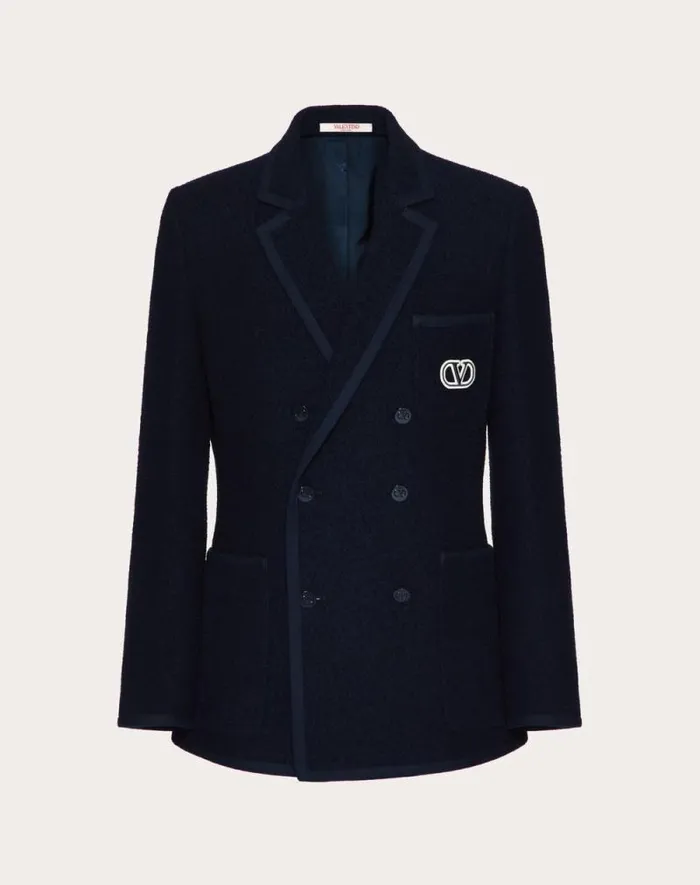 Valentino Coats And Blazers Man Doublebreasted Boucl Wool Jacket With Vlogo Signature Embroidery For Man In Navy Navy Valentino Coats And Blazers Man Doublebreasted Boucl Wool Jacket With Vlogo Signature Embroidery For Man In Navy Navy