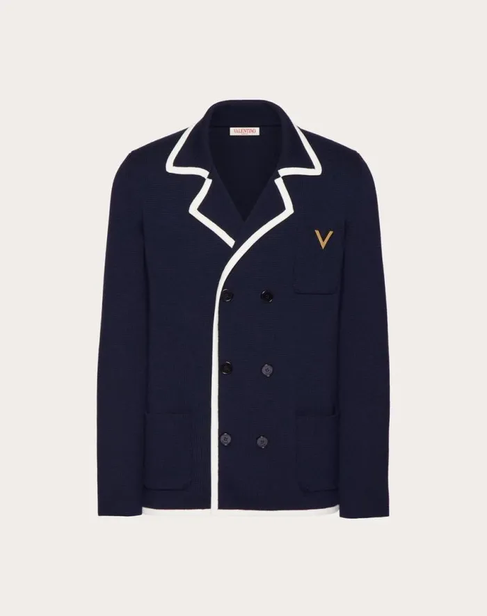 Valentino Coats And Blazers Man Doublebreasted Wool Jacket With Metallic V Detail For Man In Navyivory Navyivory Valentino Coats And Blazers Man Doublebreasted Wool Jacket With Metallic V Detail For Man In Navyivory Navyivory