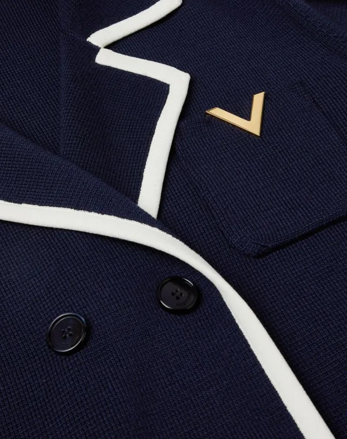 Valentino Coats And Blazers Man Doublebreasted Wool Jacket With Metallic V Detail For Man In Navyivory Navyivory