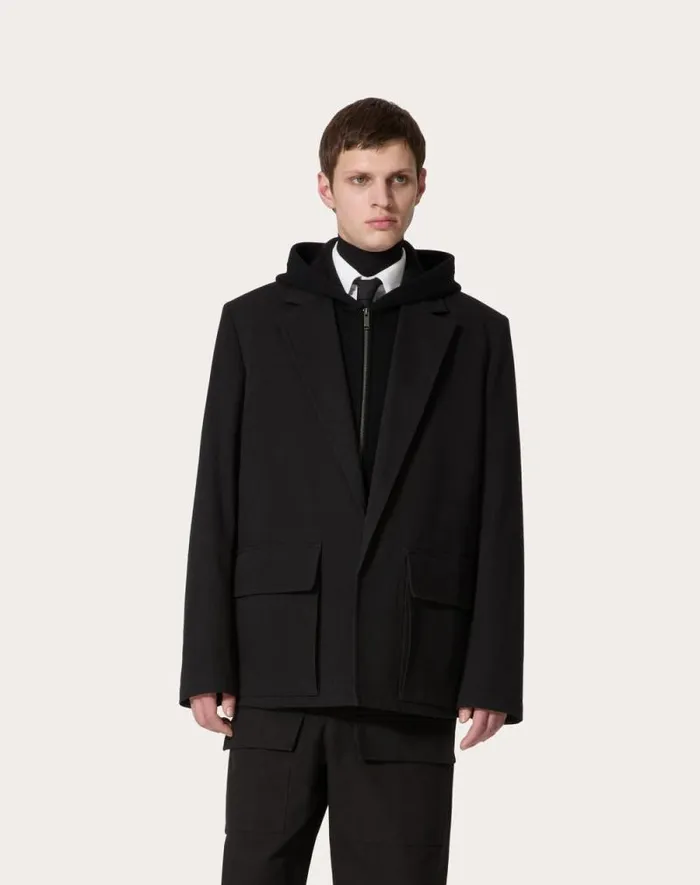 Valentino Coats And Blazers Man Singlebreasted Cotton Canvas Jacket For Man In Black Black Valentino Coats And Blazers Man Singlebreasted Cotton Canvas Jacket For Man In Black Black