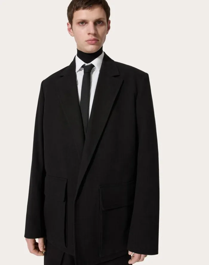 Valentino Coats And Blazers Man Singlebreasted Cotton Canvas Jacket For Man In Black Black Valentino Coats And Blazers Man Singlebreasted Cotton Canvas Jacket For Man In Black Black