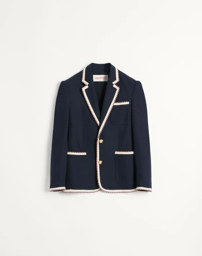 Valentino Coats And Blazers Man Singlebreasted Jersey Cotton Jacket With Torchon Piping For Man In Navy Navy Valentino Coats And Blazers Man Singlebreasted Jersey Cotton Jacket With Torchon Piping For Man In Navy Navy
