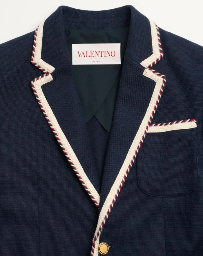 Valentino Coats And Blazers Man Singlebreasted Jersey Cotton Jacket With Torchon Piping For Man In Navy Navy Valentino Coats And Blazers Man Singlebreasted Jersey Cotton Jacket With Torchon Piping For Man In Navy Navy