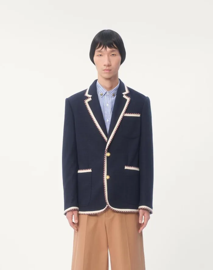 Valentino Coats And Blazers Man Singlebreasted Jersey Cotton Jacket With Torchon Piping For Man In Navy Navy Valentino Coats And Blazers Man Singlebreasted Jersey Cotton Jacket With Torchon Piping For Man In Navy Navy