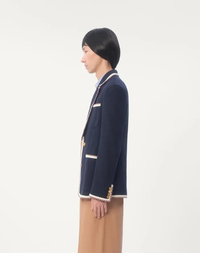 Valentino Coats And Blazers Man Singlebreasted Jersey Cotton Jacket With Torchon Piping For Man In Navy Navy Valentino Coats And Blazers Man Singlebreasted Jersey Cotton Jacket With Torchon Piping For Man In Navy Navy