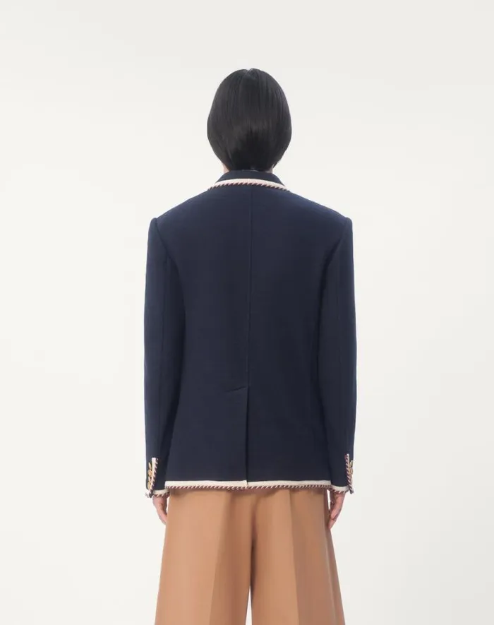 Valentino Coats And Blazers Man Singlebreasted Jersey Cotton Jacket With Torchon Piping For Man In Navy Navy Valentino Coats And Blazers Man Singlebreasted Jersey Cotton Jacket With Torchon Piping For Man In Navy Navy