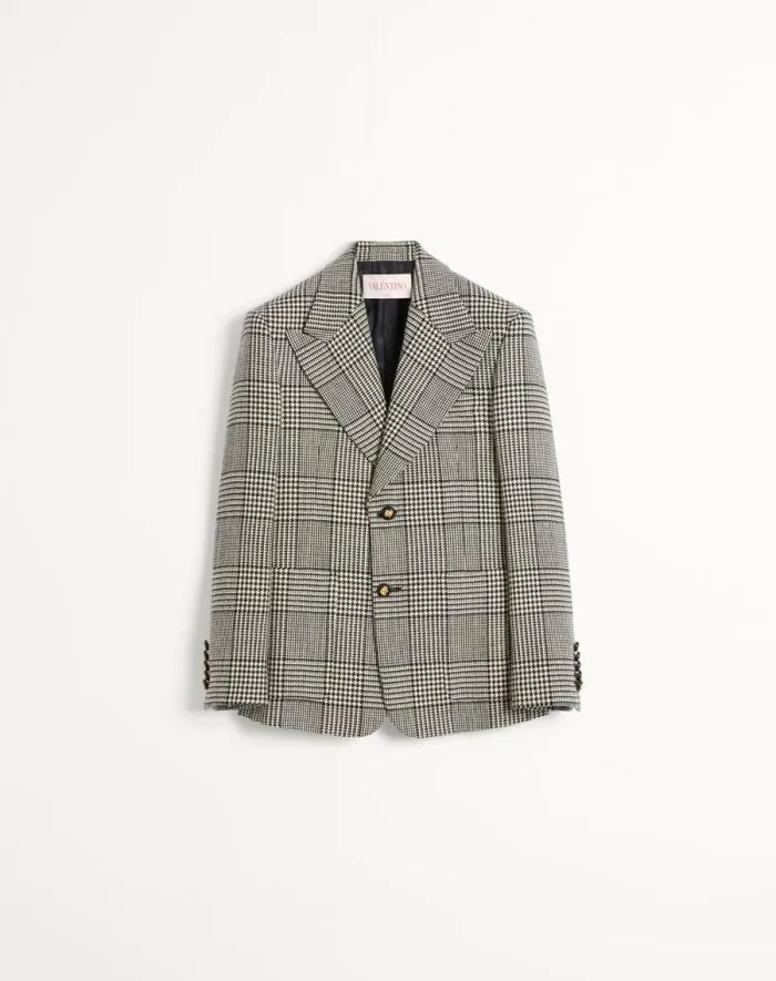 Valentino Coats And Blazers Man Singlebreasted Wool Jacket With Check Pattern On Houndstooth For Man In Ivoryblack Ivoryblack Valentino Coats And Blazers Man Singlebreasted Wool Jacket With Check Pattern On Houndstooth For Man In Ivoryblack Ivoryblack
