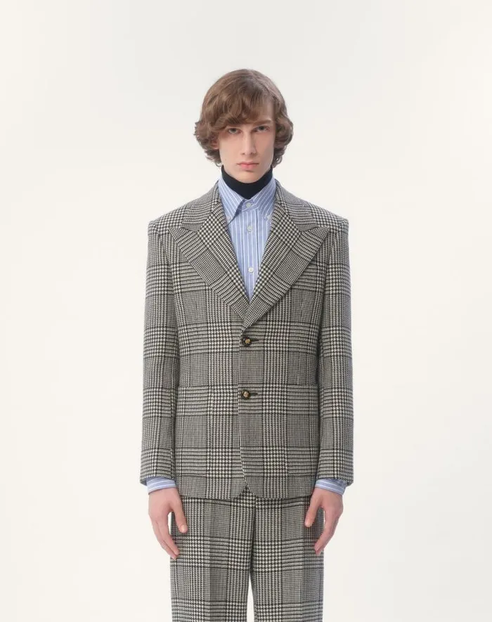 Valentino Coats And Blazers Man Singlebreasted Wool Jacket With Check Pattern On Houndstooth For Man In Ivoryblack Ivoryblack Valentino Coats And Blazers Man Singlebreasted Wool Jacket With Check Pattern On Houndstooth For Man In Ivoryblack Ivoryblack