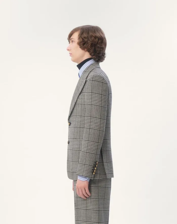 Valentino Coats And Blazers Man Singlebreasted Wool Jacket With Check Pattern On Houndstooth For Man In Ivoryblack Ivoryblack Valentino Coats And Blazers Man Singlebreasted Wool Jacket With Check Pattern On Houndstooth For Man In Ivoryblack Ivoryblack