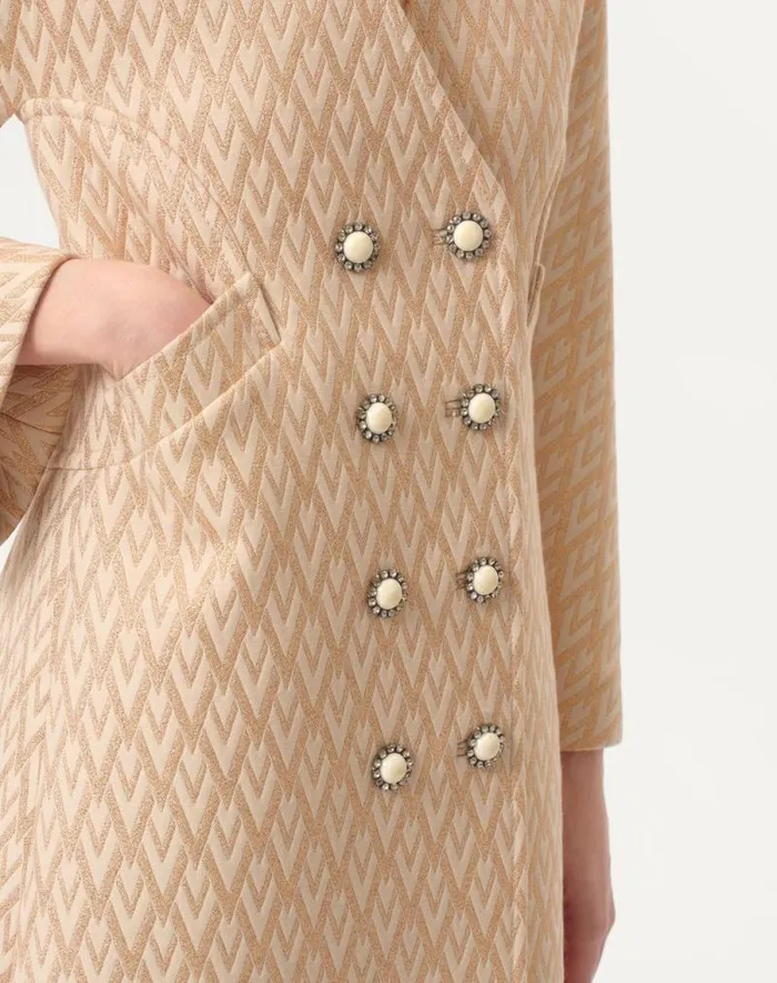 Valentino Coats And Outerwear Woman Lurex Jacquard Toute La V Coat For Woman In Birchgold Birchgold Valentino Coats And Outerwear Woman Lurex Jacquard Toute La V Coat For Woman In Birchgold Birchgold