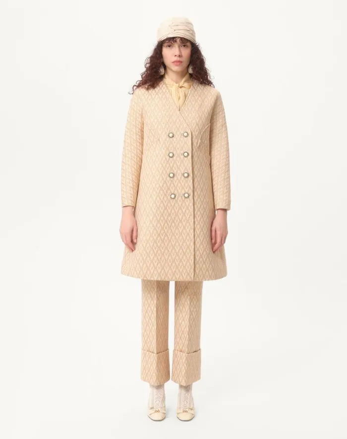 Valentino Coats And Outerwear Woman Lurex Jacquard Toute La V Coat For Woman In Birchgold Birchgold Valentino Coats And Outerwear Woman Lurex Jacquard Toute La V Coat For Woman In Birchgold Birchgold