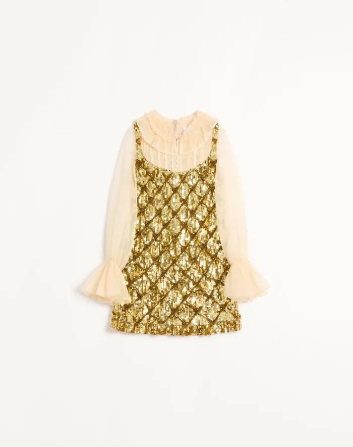 Valentino Dresses Woman Tulle Illusione Embroidered Short Dress For Woman In Ivorygold Ivorygold