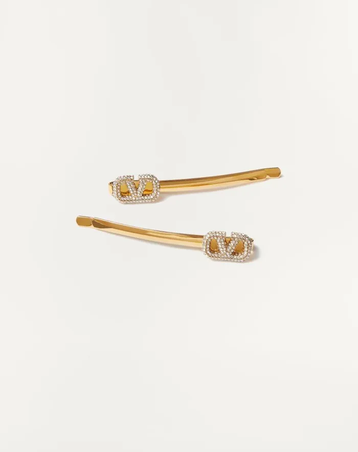 Valentino Hair Accessories Woman Vlogo Signature Metal And Swarovski Crystal Hair Clip For Woman In Gold Gold Valentino Hair Accessories Woman Vlogo Signature Metal And Swarovski Crystal Hair Clip For Woman In Gold Gold