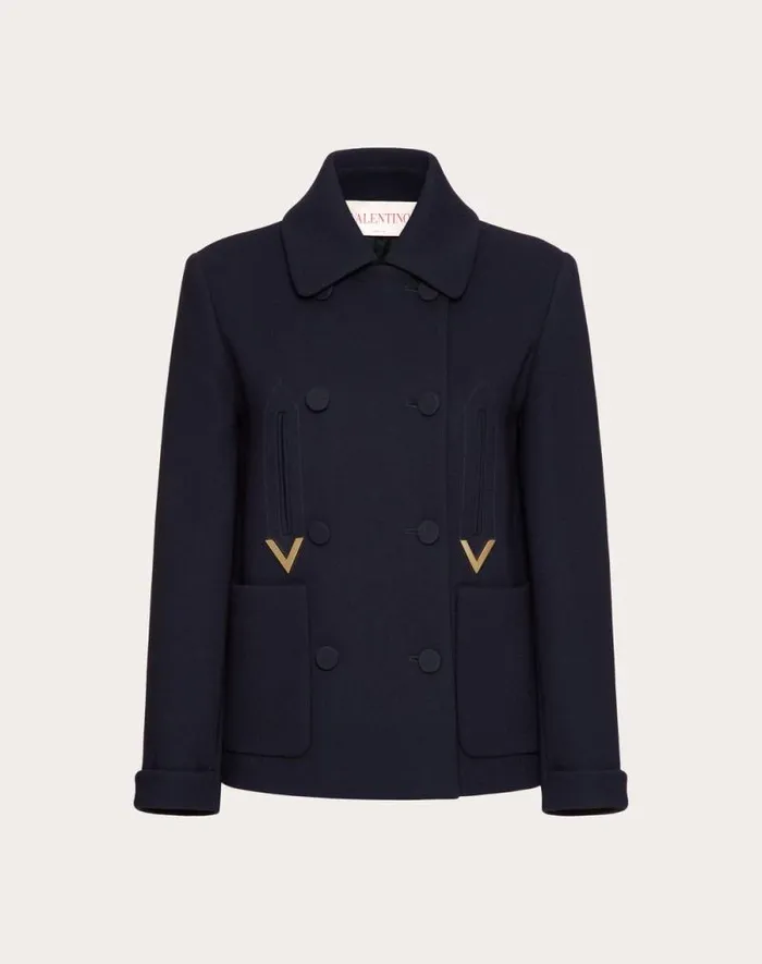 Valentino Jackets And Blazers Woman Texture Double Crepe Peacoat For Woman In Navy Navy Valentino Jackets And Blazers Woman Texture Double Crepe Peacoat For Woman In Navy Navy