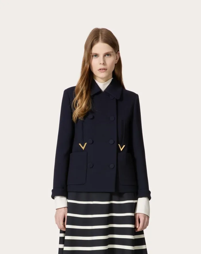 Valentino Jackets And Blazers Woman Texture Double Crepe Peacoat For Woman In Navy Navy Valentino Jackets And Blazers Woman Texture Double Crepe Peacoat For Woman In Navy Navy