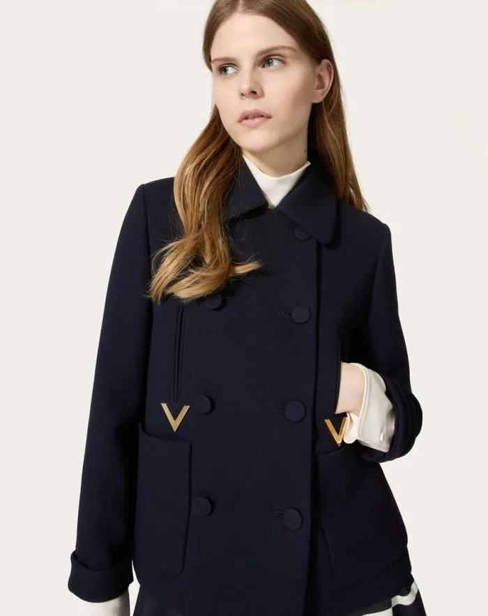 Valentino Jackets And Blazers Woman Texture Double Crepe Peacoat For Woman In Navy Navy Valentino Jackets And Blazers Woman Texture Double Crepe Peacoat For Woman In Navy Navy