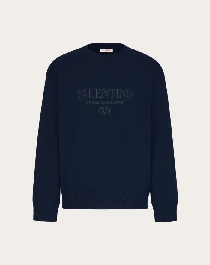 Valentino Knitwear Man Crewneck Wool Sweater With Valentino Embroidery For Man In Navy Navy Valentino Knitwear Man Crewneck Wool Sweater With Valentino Embroidery For Man In Navy Navy