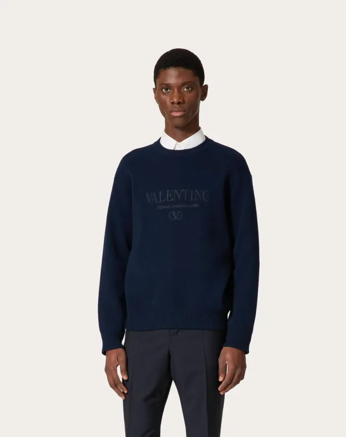 Valentino Knitwear Man Crewneck Wool Sweater With Valentino Embroidery For Man In Navy Navy Valentino Knitwear Man Crewneck Wool Sweater With Valentino Embroidery For Man In Navy Navy