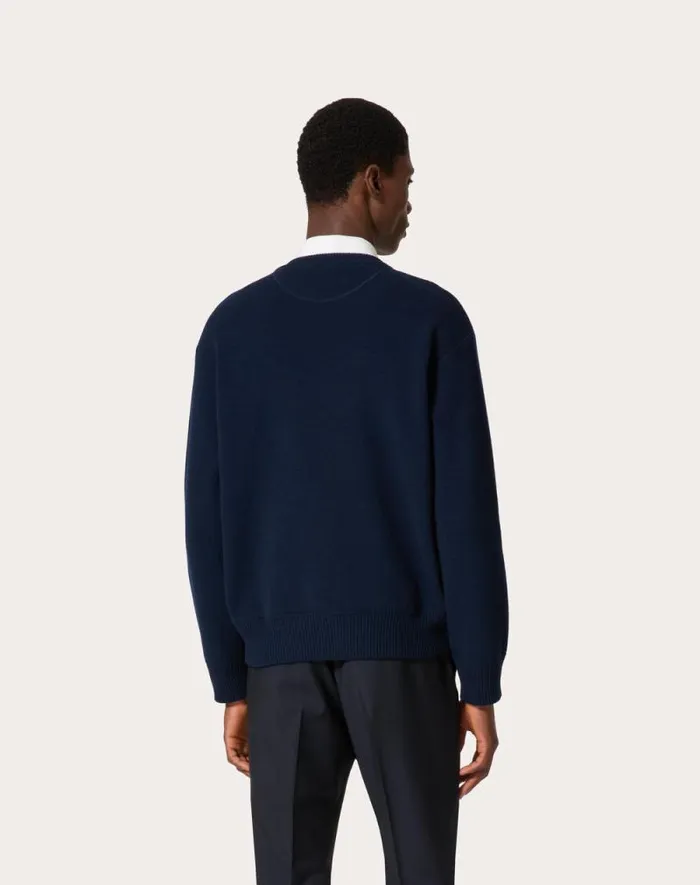 Valentino Knitwear Man Crewneck Wool Sweater With Valentino Embroidery For Man In Navy Navy Valentino Knitwear Man Crewneck Wool Sweater With Valentino Embroidery For Man In Navy Navy