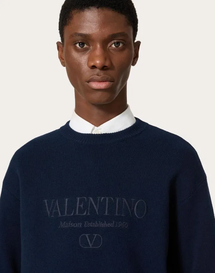 Valentino Knitwear Man Crewneck Wool Sweater With Valentino Embroidery For Man In Navy Navy Valentino Knitwear Man Crewneck Wool Sweater With Valentino Embroidery For Man In Navy Navy