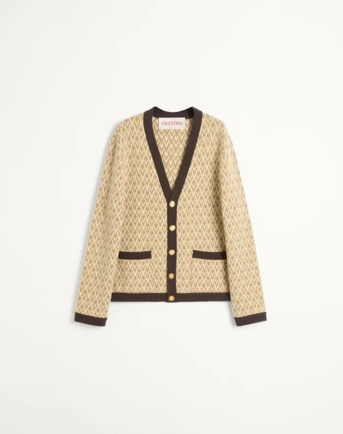 Valentino Knitwear Man Wool Cardigan With Toute La V Pattern For Man In Beigecream Beigecream Valentino Knitwear Man Wool Cardigan With Toute La V Pattern For Man In Beigecream Beigecream