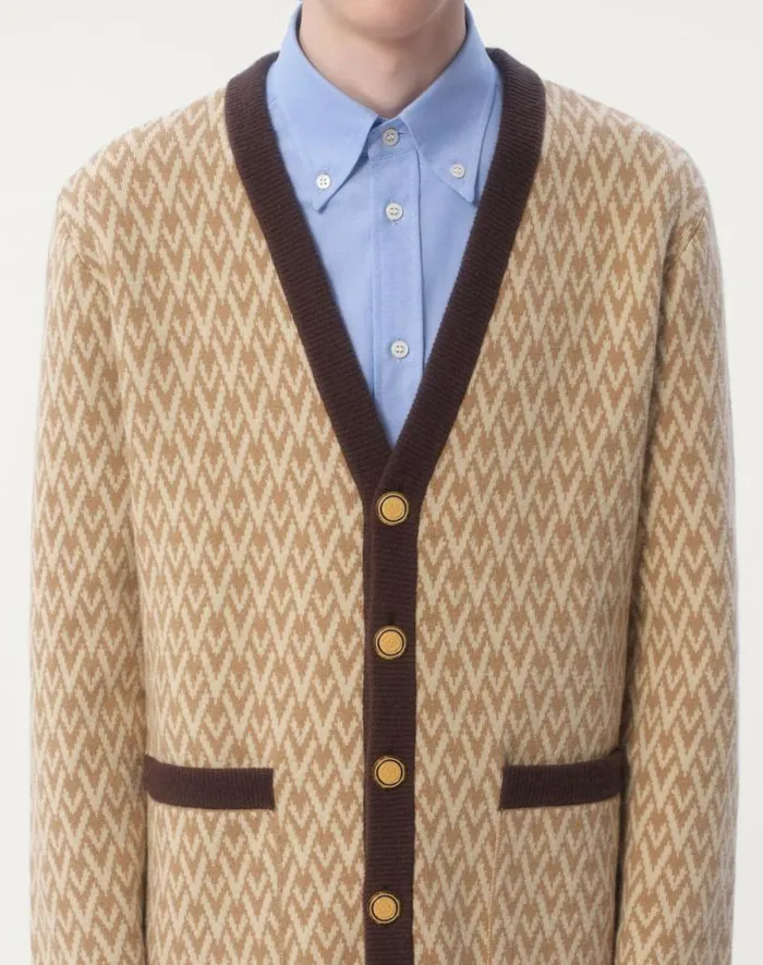 Valentino Knitwear Man Wool Cardigan With Toute La V Pattern For Man In Beigecream Beigecream Valentino Knitwear Man Wool Cardigan With Toute La V Pattern For Man In Beigecream Beigecream