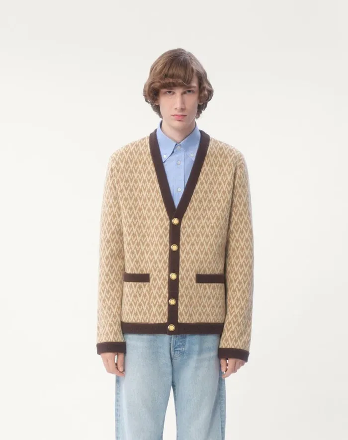 Valentino Knitwear Man Wool Cardigan With Toute La V Pattern For Man In Beigecream Beigecream Valentino Knitwear Man Wool Cardigan With Toute La V Pattern For Man In Beigecream Beigecream