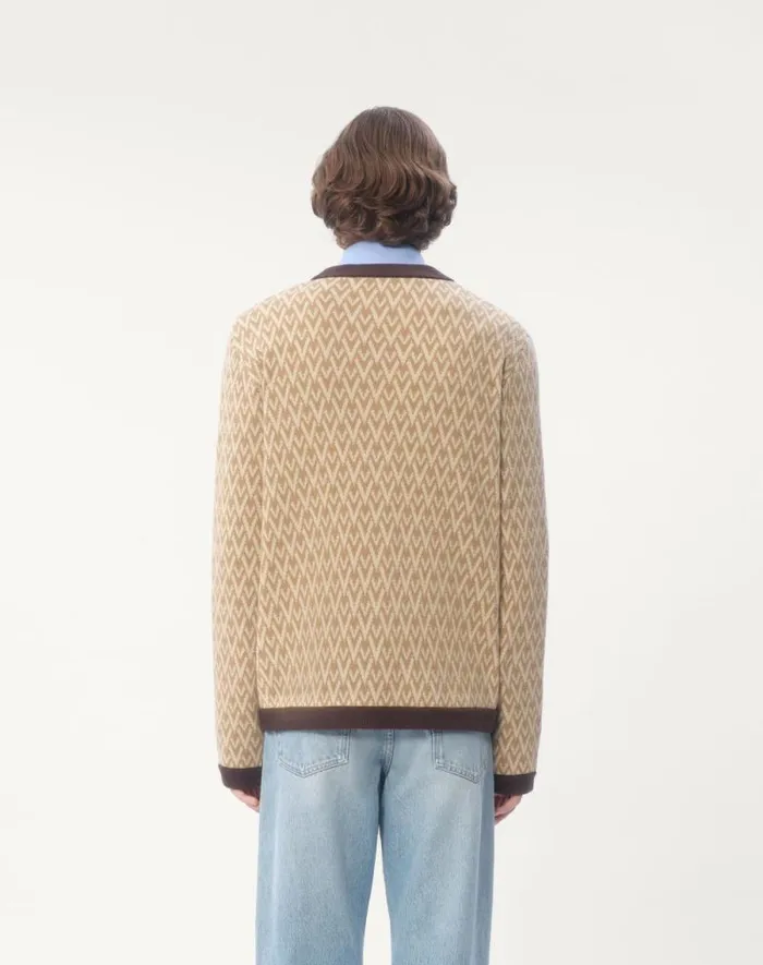 Valentino Knitwear Man Wool Cardigan With Toute La V Pattern For Man In Beigecream Beigecream Valentino Knitwear Man Wool Cardigan With Toute La V Pattern For Man In Beigecream Beigecream