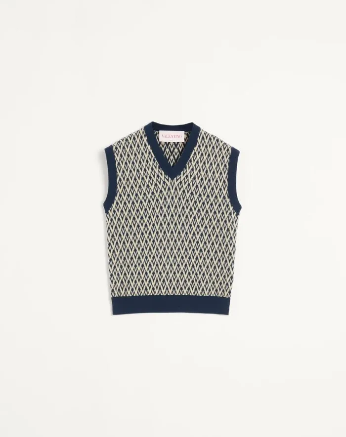 Valentino Knitwear Man Wool Vest With Toute La V Jacquard Pattern For Man In Navycream Navycream Valentino Knitwear Man Wool Vest With Toute La V Jacquard Pattern For Man In Navycream Navycream