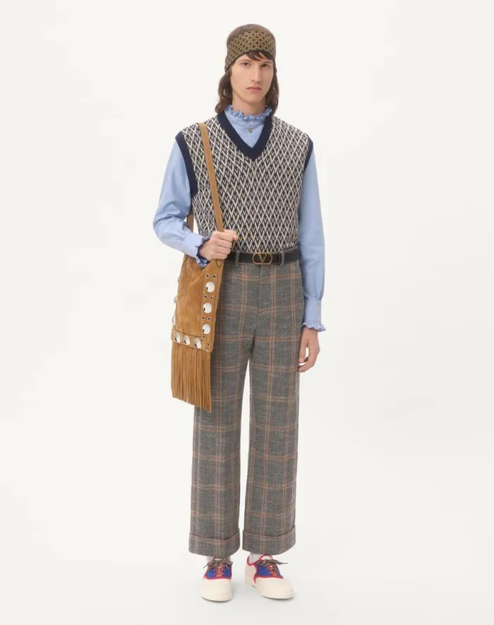 Valentino Knitwear Man Wool Vest With Toute La V Jacquard Pattern For Man In Navycream Navycream Valentino Knitwear Man Wool Vest With Toute La V Jacquard Pattern For Man In Navycream Navycream