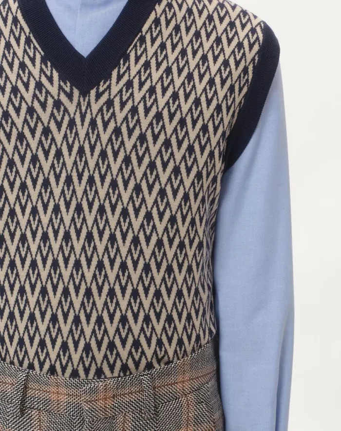 Valentino Knitwear Man Wool Vest With Toute La V Jacquard Pattern For Man In Navycream Navycream Valentino Knitwear Man Wool Vest With Toute La V Jacquard Pattern For Man In Navycream Navycream