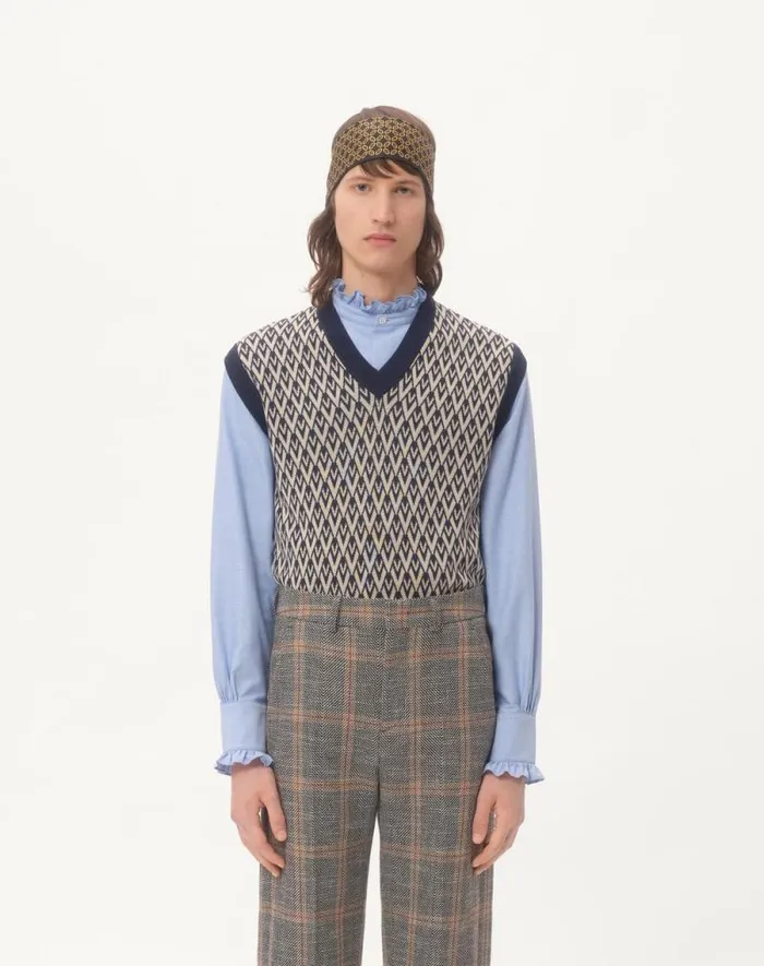 Valentino Knitwear Man Wool Vest With Toute La V Jacquard Pattern For Man In Navycream Navycream Valentino Knitwear Man Wool Vest With Toute La V Jacquard Pattern For Man In Navycream Navycream