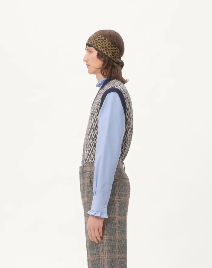 Valentino Knitwear Man Wool Vest With Toute La V Jacquard Pattern For Man In Navycream Navycream Valentino Knitwear Man Wool Vest With Toute La V Jacquard Pattern For Man In Navycream Navycream