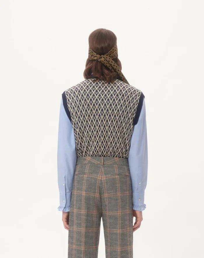 Valentino Knitwear Man Wool Vest With Toute La V Jacquard Pattern For Man In Navycream Navycream Valentino Knitwear Man Wool Vest With Toute La V Jacquard Pattern For Man In Navycream Navycream