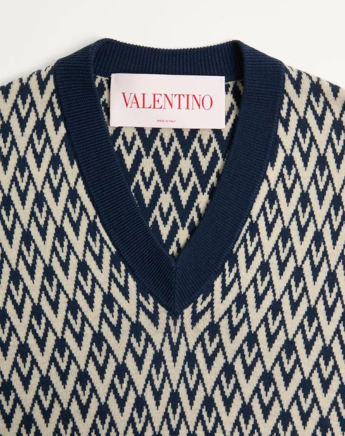 Valentino Knitwear Man Wool Vest With Toute La V Jacquard Pattern For Man In Navycream Navycream Valentino Knitwear Man Wool Vest With Toute La V Jacquard Pattern For Man In Navycream Navycream