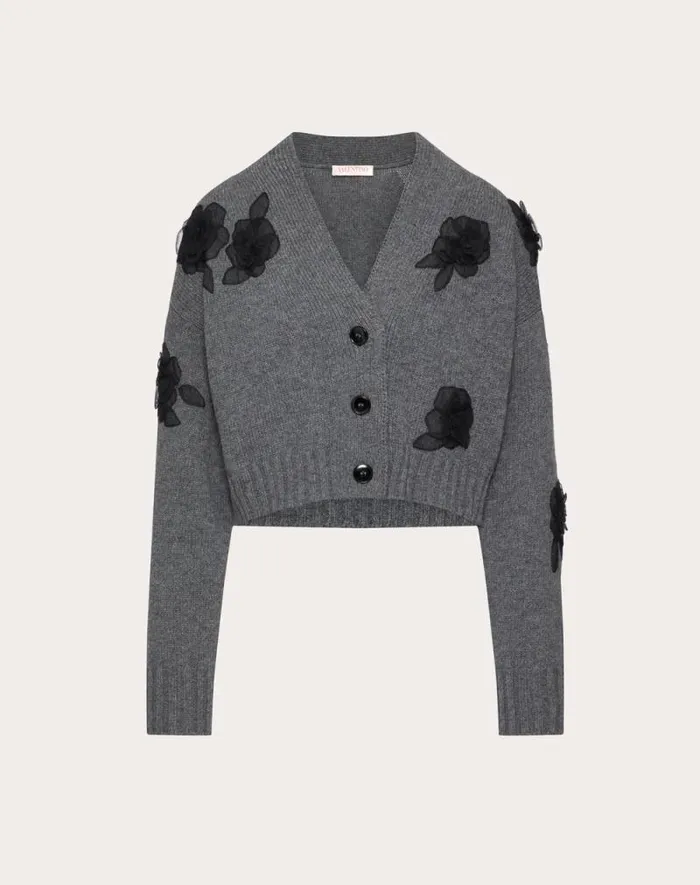Valentino Knitwear Woman Embroidered Wool Cardigan For Woman In Grey Grey