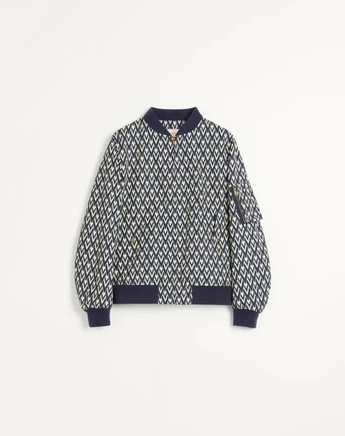 Valentino Outerwear Man Nylon Bomber Jacket With Toute La V Print For Man In Navycream Navycream Valentino Outerwear Man Nylon Bomber Jacket With Toute La V Print For Man In Navycream Navycream