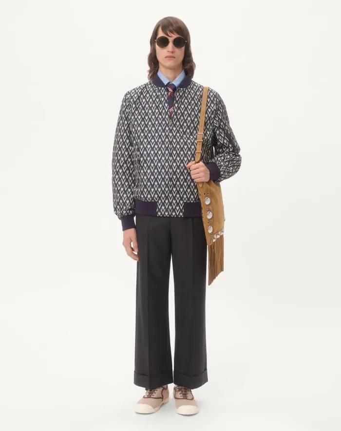 Valentino Outerwear Man Nylon Bomber Jacket With Toute La V Print For Man In Navycream Navycream Valentino Outerwear Man Nylon Bomber Jacket With Toute La V Print For Man In Navycream Navycream