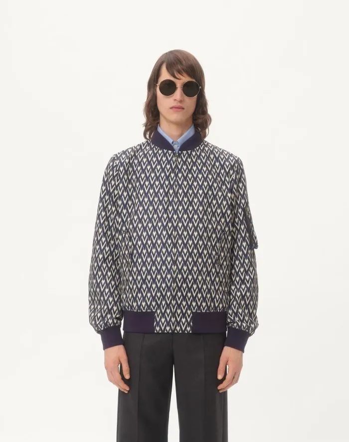Valentino Outerwear Man Nylon Bomber Jacket With Toute La V Print For Man In Navycream Navycream Valentino Outerwear Man Nylon Bomber Jacket With Toute La V Print For Man In Navycream Navycream