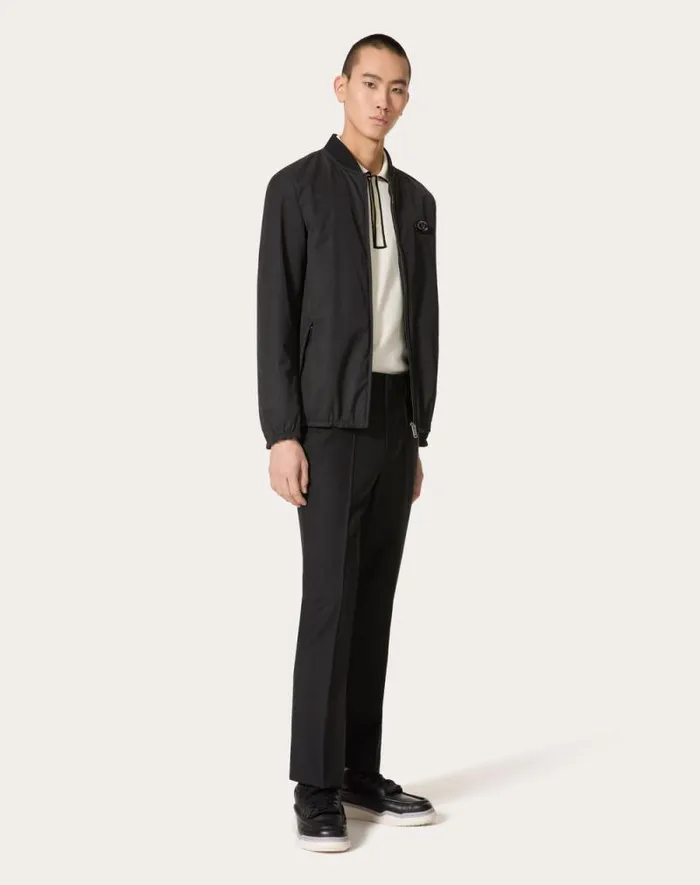 Valentino Outerwear Man Nylon Jacket With Leather Patch And Vlogo Signature For Man In Black Black Valentino Outerwear Man Nylon Jacket With Leather Patch And Vlogo Signature For Man In Black Black
