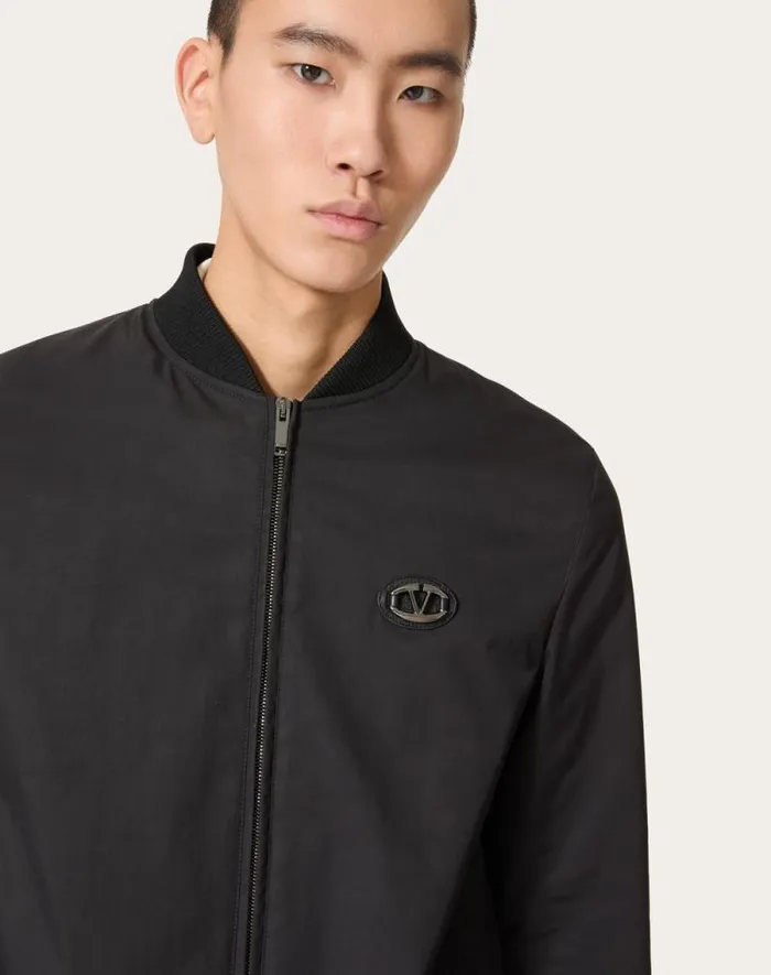 Valentino Outerwear Man Nylon Jacket With Leather Patch And Vlogo Signature For Man In Black Black Valentino Outerwear Man Nylon Jacket With Leather Patch And Vlogo Signature For Man In Black Black