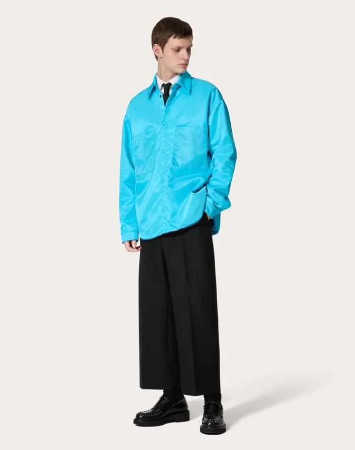Valentino Outerwear Man Nylon Shirt Jacket For Man In Sky Blue Sky Blue