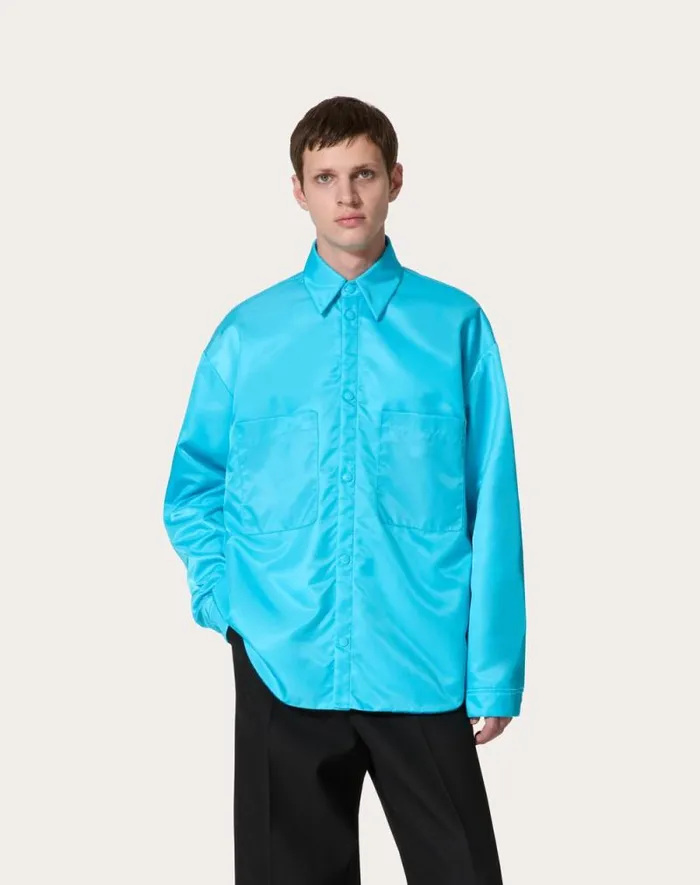 Valentino Outerwear Man Nylon Shirt Jacket For Man In Sky Blue Sky Blue