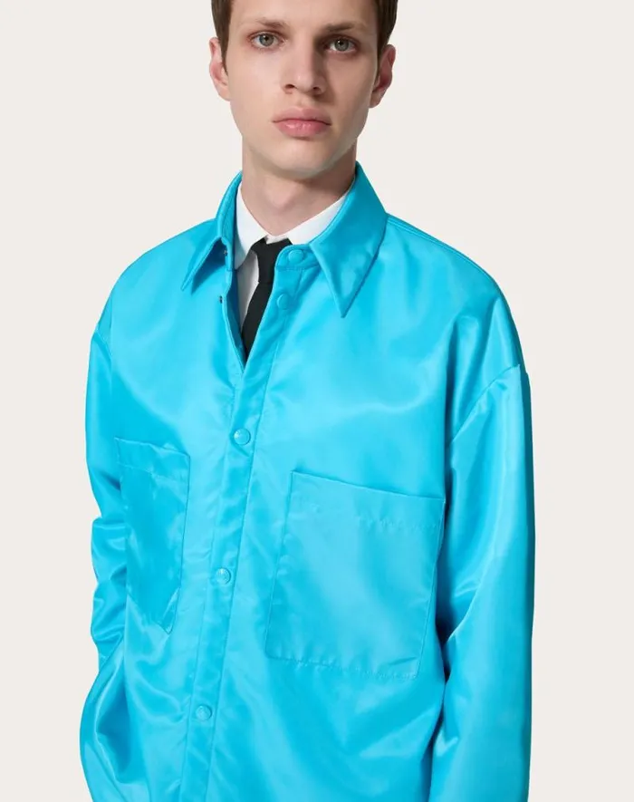 Valentino Outerwear Man Nylon Shirt Jacket For Man In Sky Blue Sky Blue